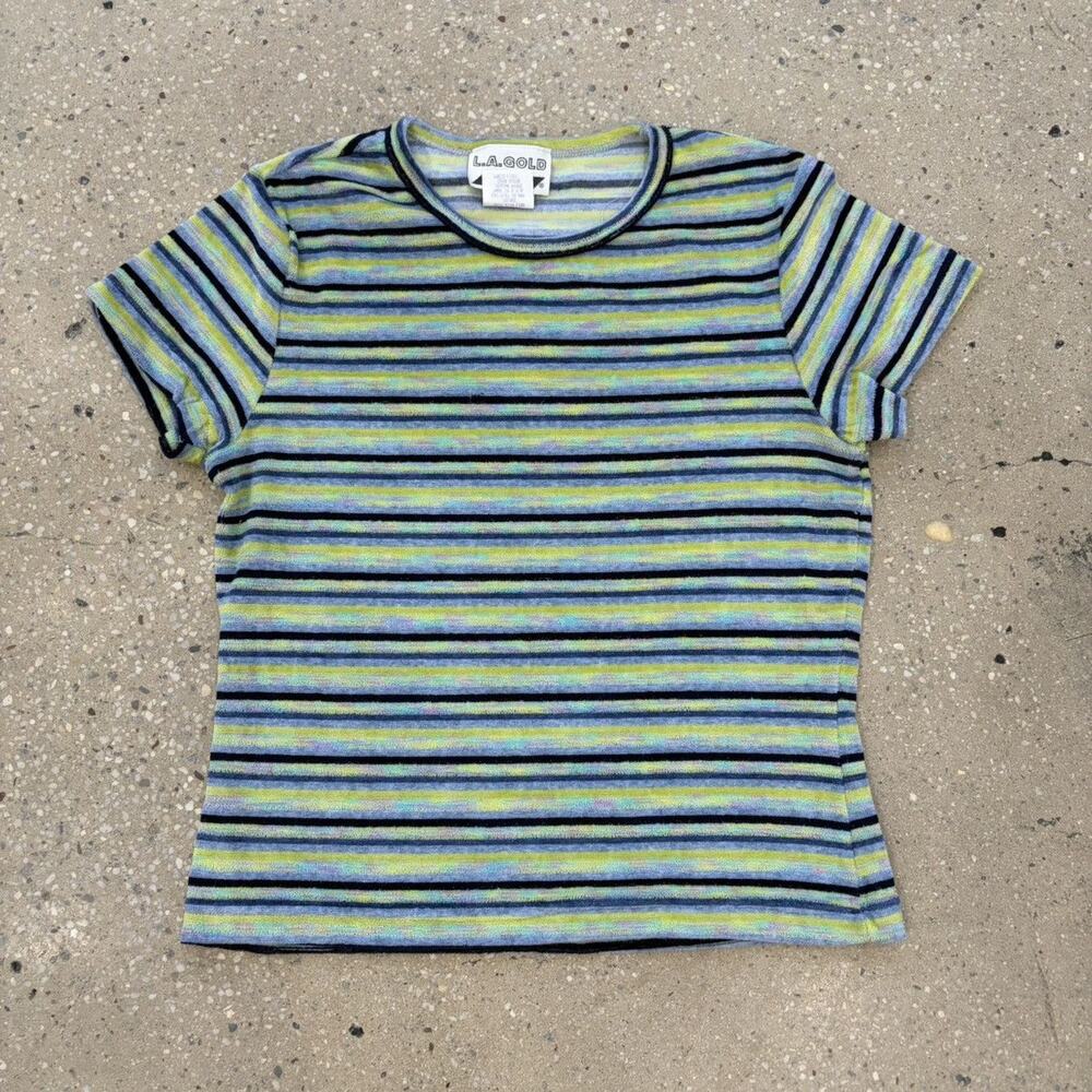 Vintage 80s LA Gold Green/Blue Terry Cloth Baby Tee